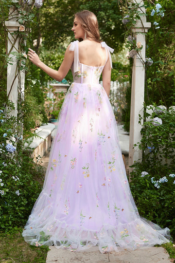 Lavender A-line Corset Long Tulle Ball Dress with Embroidered Floral